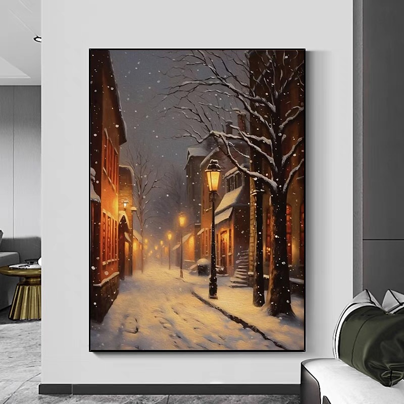 Wonderful Wall Art Hand Painted Winter Scenery Oil Painting on Canvas Handmade Beauty Winter Snow Landscape Street View Oil Painting3