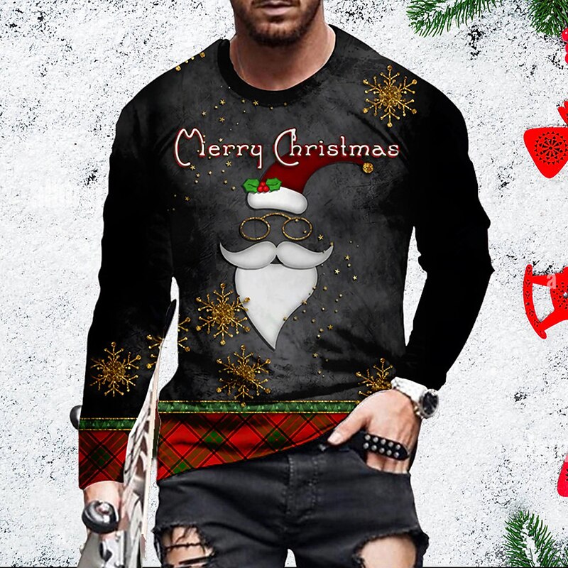 Men's Unisex Santa Claus Graphic Prints T Shirt Long Sleeve Shirt Crew Neck Christmas Daily 3D Print Black / Red Black White Red Gold Print Clothing Apparel Designer Casual Big and Tall Merry and