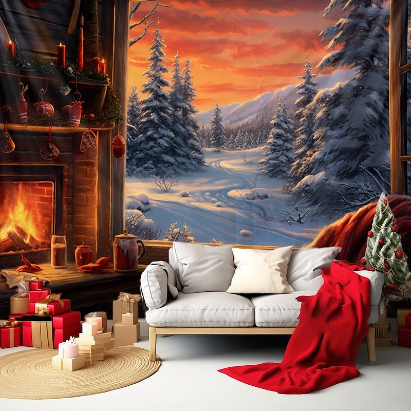 Christmas Decorations Christmas Tree Hanging Tapestry Wall Art Xmas Large Tapestry Mural Decor Photograph Backdrop Blanket Curtain Home Bedroom Living Room Decoration Fireplace Cozy3