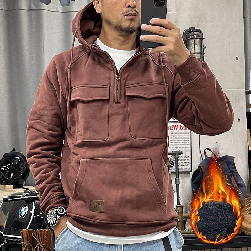 Men's Hoodie Polar Fleece Quarter Zip Hoodie Tactical Black Army Green Red Gray Hooded Plain Pocket Sports & Outdoor Daily Holiday Cool Casual Tactical Fall & Winter Clothing Apparel Hoodies4