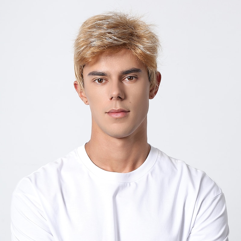 Synthetic Wig kinky Straight Middle Part Layered Haircut Machine Made Wig 8 inch Light golden Synthetic Hair Men's Cosplay Party Fashion Blonde Christmas Party Wigs4