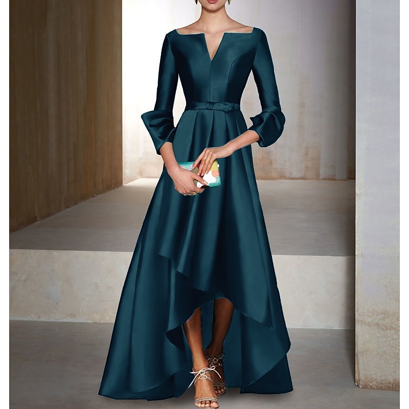 A-Line Evening Gown Elegant Dress Formal Wedding Guest Floor Length 3/4 Length Sleeve V Neck Satin with Bow(s)