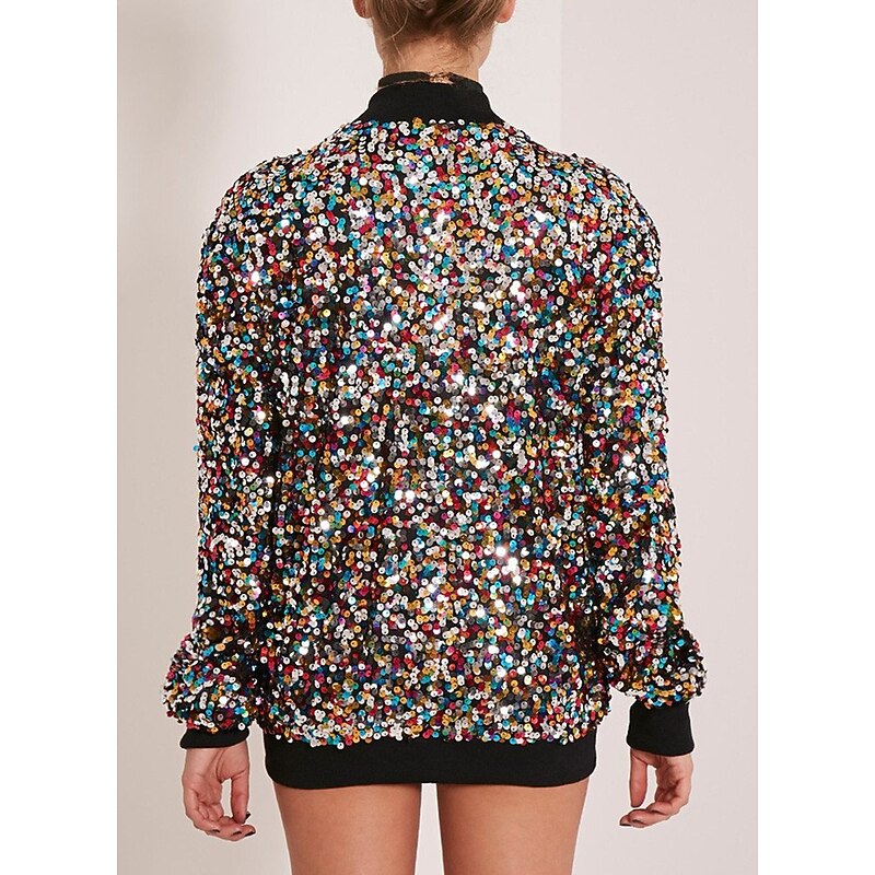 Women's Sequin Fitted Long Sleeve Zipper Blazer Bomber Jacket Retro Vintage Disco 1980s TS Style3