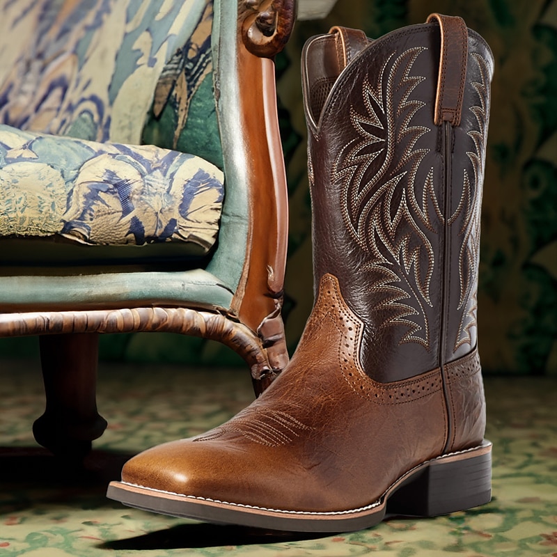 Men's Two-Tone Faux Leather Western Cowboy Boots – Classic Embroidered Design, Durable Construction, Perfect for Riding, Outdoor, and Casual Wear