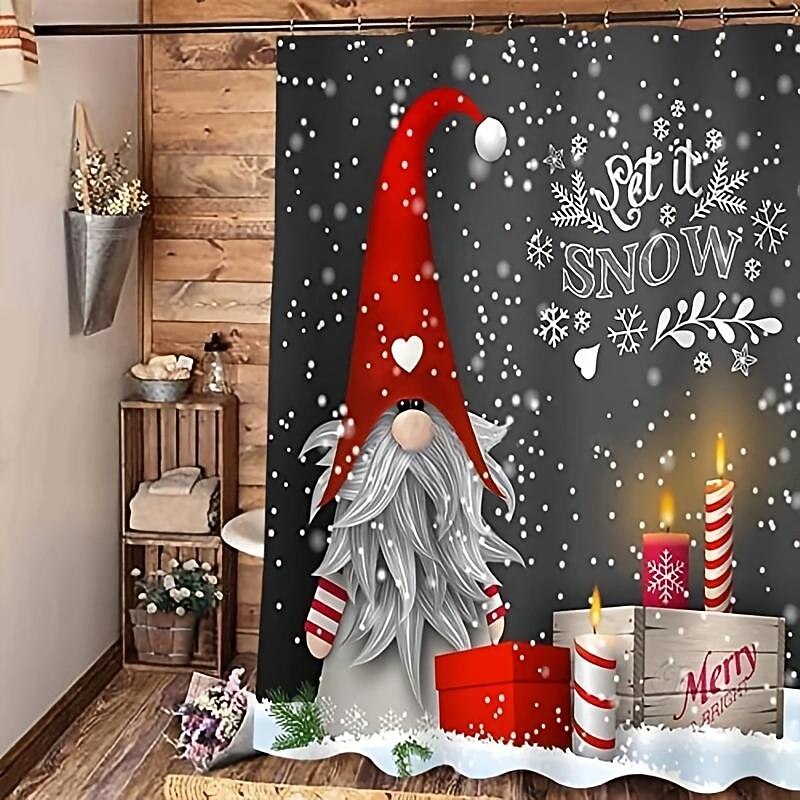 Gray Background Elf Bathroom Shower Curtain, Cute Christmas Snowflake Pattern Shower Curtain, Winter Christmas Holiday Bathroom Curtain, With 12 Plastic Hooks