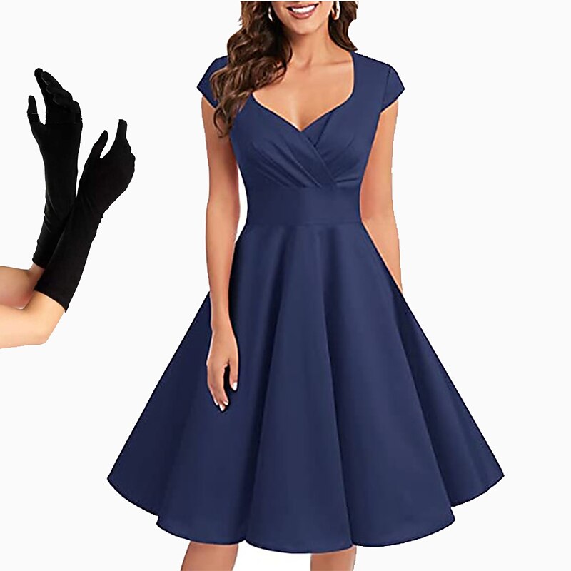 Retro Vintage 1950s Knee Length Swing Dress Flare Dress V Neck Fancy Dress Women's Masquerade Party Prom Casual Daily Adults' Dress Gloves Homecoming Dresses3