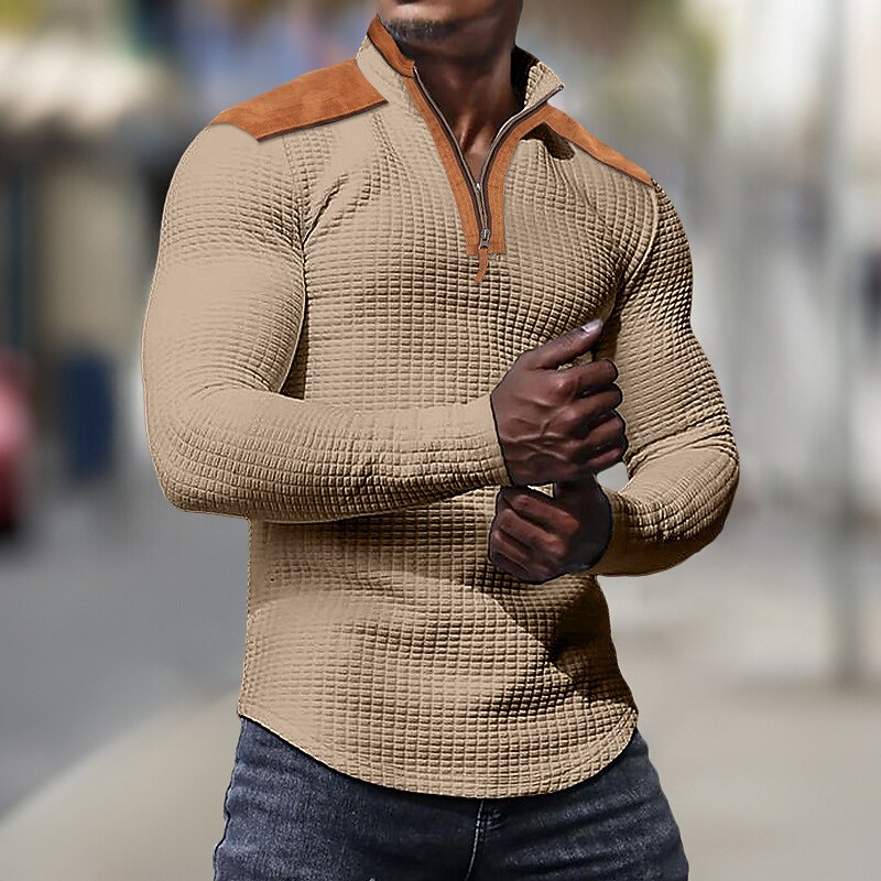 Men's Waffle Tee Waffle Shirt T Shirt Tee Top Long Sleeve Standing Collar Spring & Fall Color Block Fashion Designer Basic Patchwork Quarter Zip Vacation Street Going out Black White Navy Blue Top3