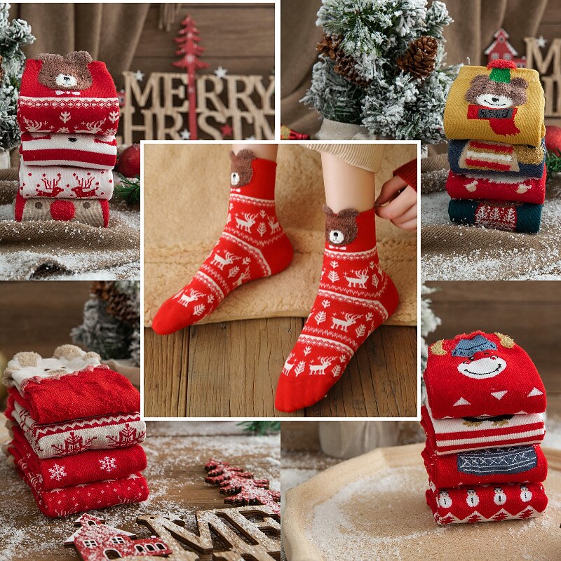 Autumn And Winter New Product Cartoon Christmas Socks Gift Box 4 Pair Deer Medium Tube Cotton Socks Primordial Year Red Medium Tube Socks for Christmas Gifts3