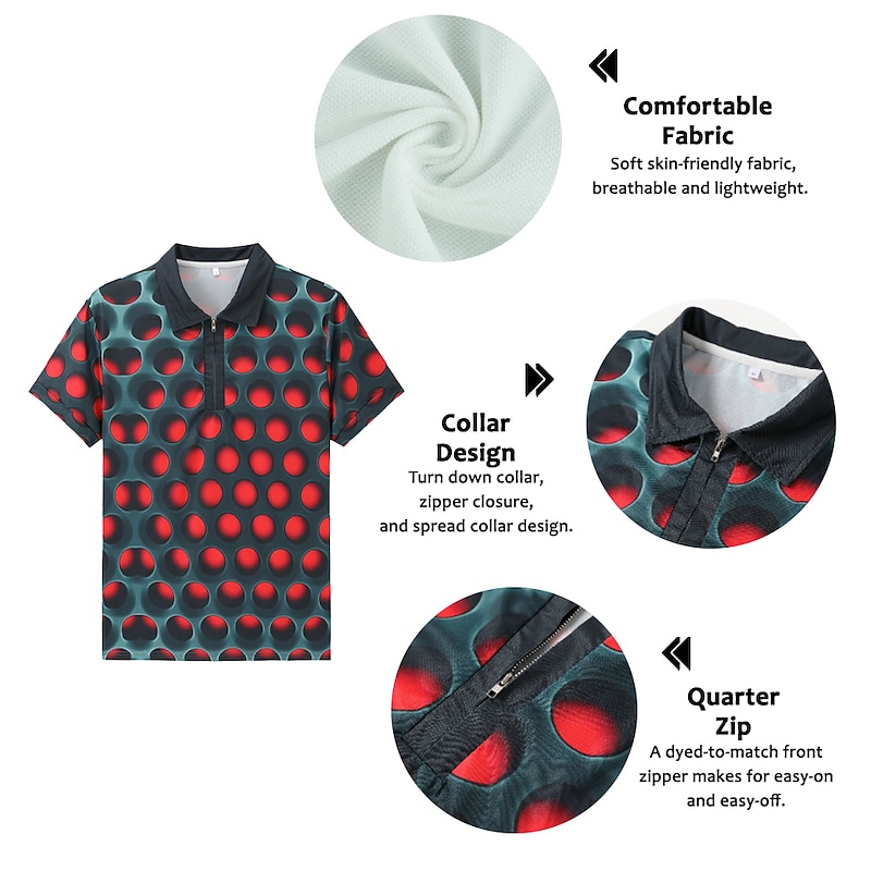 Men's Graphic Zip Polo Shirts Golf Shirt Short Sleeve Polo Shirts Collared Shirts Casual Vacation Wear Rave Wear Party Outfits 3D Print Quarter Zip Polo Red Blue Purple2