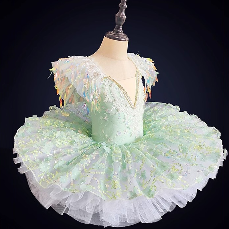 Kids' Dancewear Ballet Dance Costumes Dress Pearls Splicing Paillette Girls' Performance Party Short Sleeve Spandex2