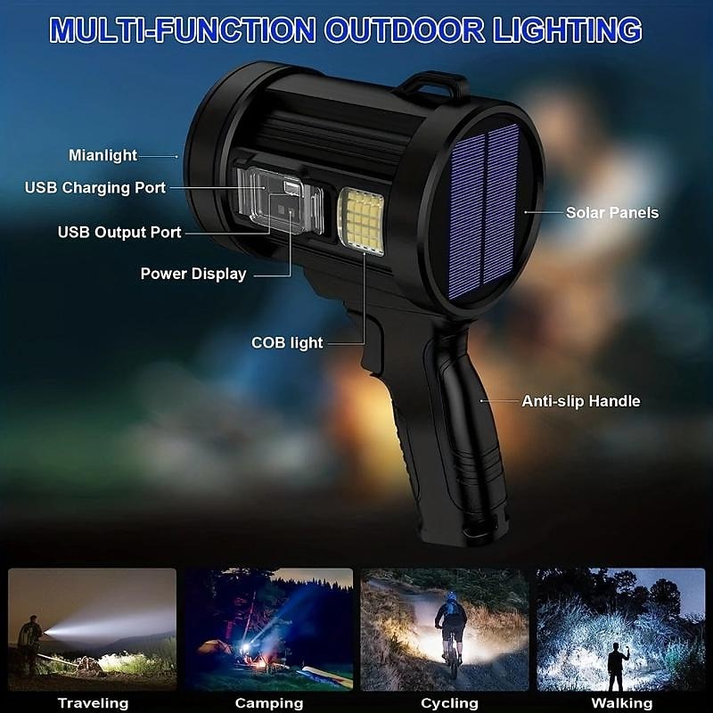 Rechargeable Spotlight Flashlight, Ultra Bright 200000 Lumen Spotlight with Stand with 3 Main Modes and 4 Color Filters, LED Spotlight Outdoor Handheld, USB Cable Included, Suitable for Boating2