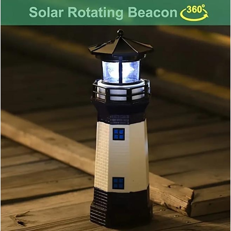 Solar Light Tower, Resin Light Rotating Garden LED Outdoor Smoke Tower Warning Landscape Light Garden Patio Lawn, 360 Degree Rotating Lighthouse Decoration, Lighthouse Gifts3