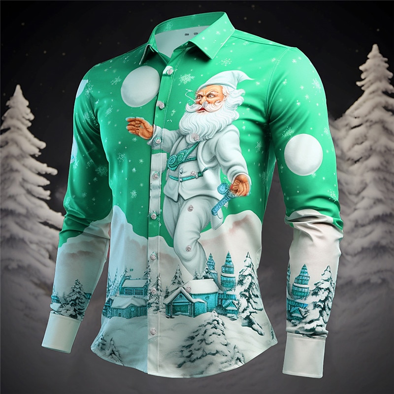 Christmas Men's Santa Claus Printed Shirts Santa Claus Casual Outdoor Street Fall & Winter Turndown Long Sleeve Red Orange Green S M L Shirt3