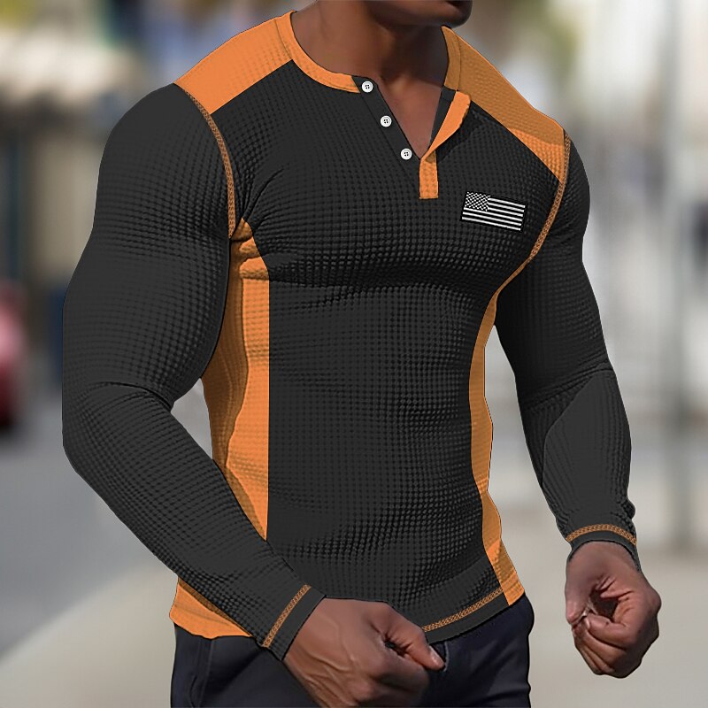 Men's Waffle Tee Button T Shirt T Shirt Waffle Henley Shirt Long Sleeve Henley Spring &  Fall Color Block National Flag Fashion Designer Basic Patchwork Vacation Street Going out Black White Dark Blue