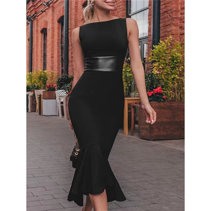 Women's Midi Dress Black Dress Graduation Dress Party Dress Cocktail Dress Fashion Party Modern Winter Dress Vacation Wedding Guest Slim Pure Color Sleeveless Crew Neck Black Fall Winter Autumn