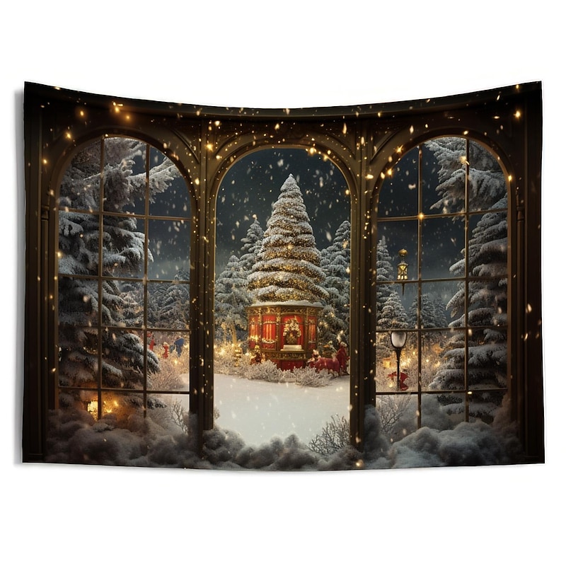 Christmas Decorations Christmas Tree Winter Hanging Tapestry Wall Art Xmas Large Tapestry Mural Decor Photograph Backdrop Blanket Curtain Home Bedroom Living Room Decoration Snow Window View 11