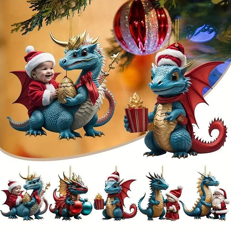 5pcs Christmas Tree Ornaments Dragon 2D Acrylic Hanging Decorations Cute Dragon Christmas Ornament 2024 New Dragon Crafts Hanging Ornament New Year Festive Party Supplies Room Hanging Decor