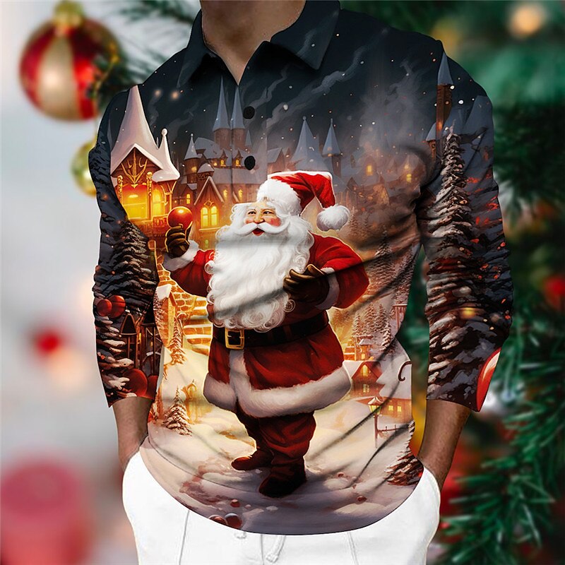 Christmas Men's Santa Claus 3D Polo Santa Claus Casual Print 3D Golf Outdoor Casual Daily Streetwear Polyester Long Sleeve Turndown Shirts Blue Purple Fall & Winter S M L Micro-elastic Lapel Polo