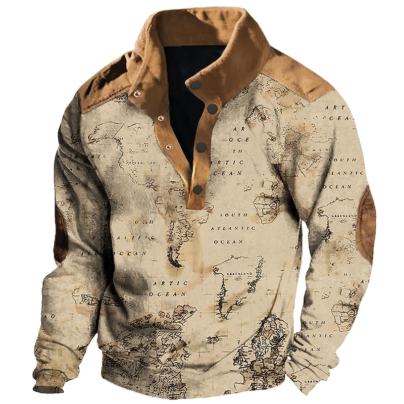 Men's Nautical Map Graphic Prints Sweatshirts Sweatshirt Pullover Long Sleeve Sweatshirt Stand Collar Daily Casual Vintage Retro 3D Print Vacation Going out Streetwear Buttons Spring &  Fall