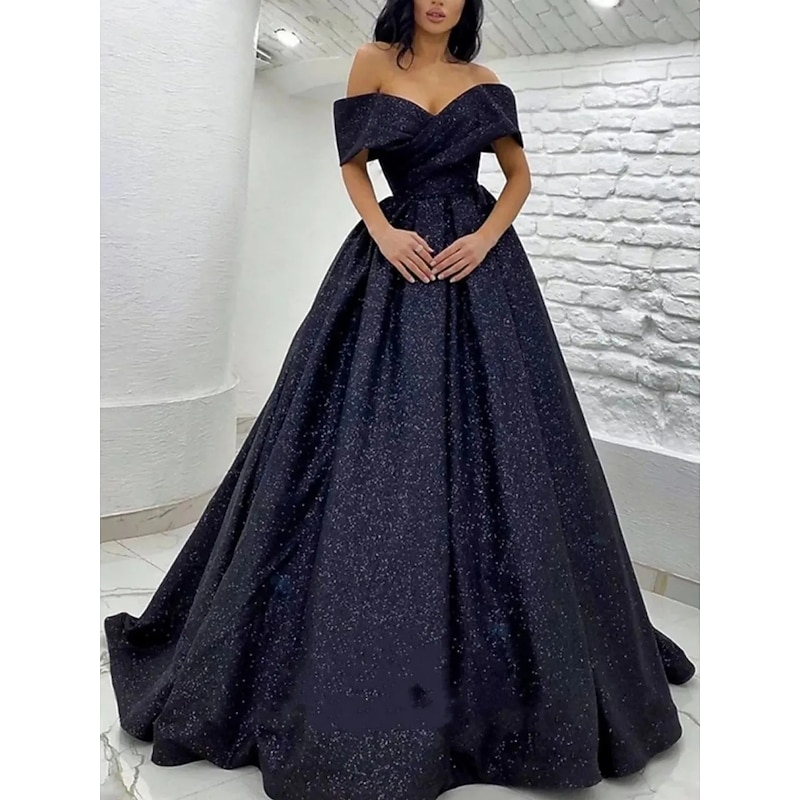 A-Line Prom Dresses Elegant Dress Black Tie Gala Sweep / Brush Train Short Sleeve Off Shoulder Sequined with Glitter Pleats2
