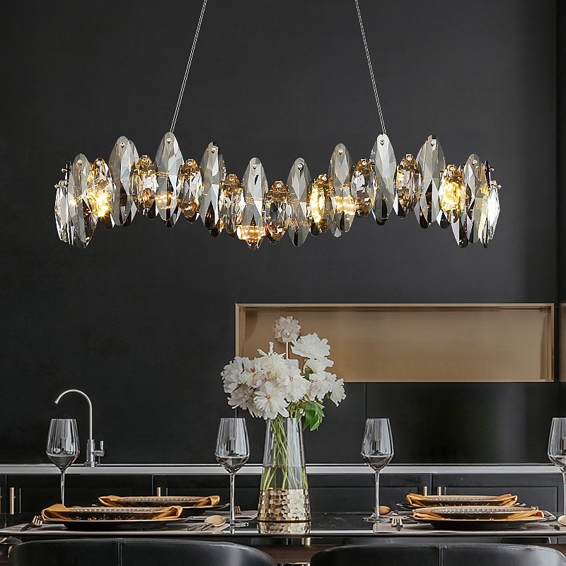 Crystal Chandelier Luxury Gold Chandelier Beautiful Gray Sparkling Crystal Leaf Modern Chandelier for Kitchen Island Living Room Dining Room Bedroom Lights, 8 Lights 110-240V