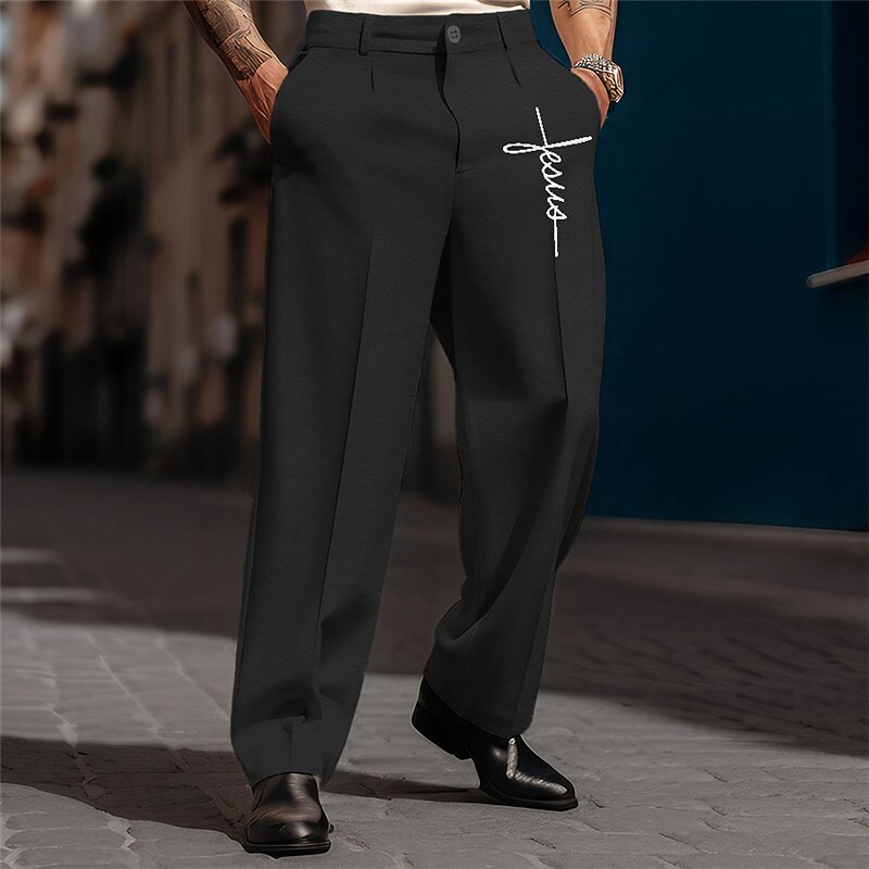 Faith Vintage Business Men's 3D Print Pants Trousers Outdoor Street Wear to work Polyester Black White Green S M L High Elasticity Pants4