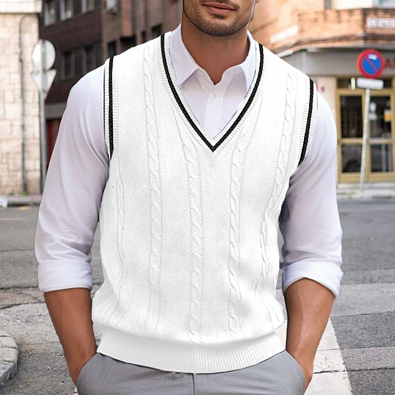 Men's Christmas Sweaters Sweater Vest Dress Sweater Knit Sweater Pullover Cable Knit Regular Knitted Plain V Neck Keep Warm Modern Contemporary Daily Wear Going out Clothing Apparel Fall Winter White3