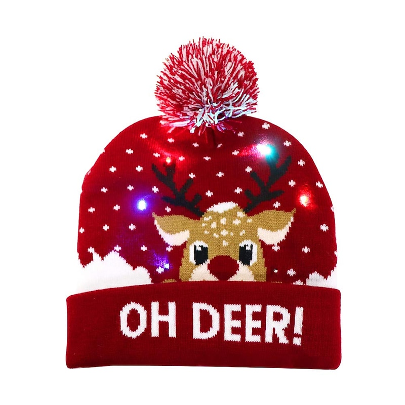 LED Christmas Hat Light Up Christmas Hat Unisex Knitted Beanie Holiday Hat with Deer Printing for Party