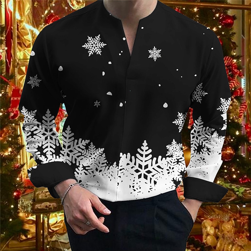 Christmas Men's Christmas Scene Printed Shirts Snowflake Casual Outdoor Street Fall & Winter Split Neck Long Sleeve Black Burgundy Green S M L Shirt2