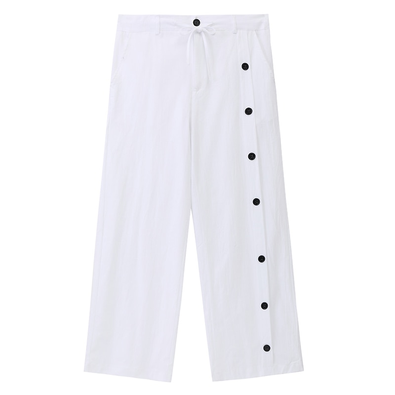 Men's Linen Pants Trousers Summer Pants Beach Pants Drawstring Side Button Straight Leg Plain Comfort Breathable Ankle-Length Casual Daily Holiday Fashion Classic Style Black White2