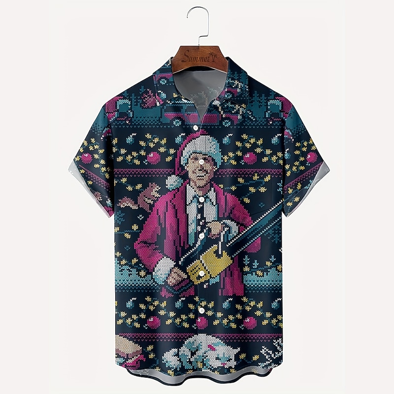 Christmas Men's Santa Claus Hawaiian Shirt Santa Claus Novelty Casual Aloha Outdoor clothing Daily Wear Streetwear Fall Turndown Short Sleeve Dark Blue S M L Normal