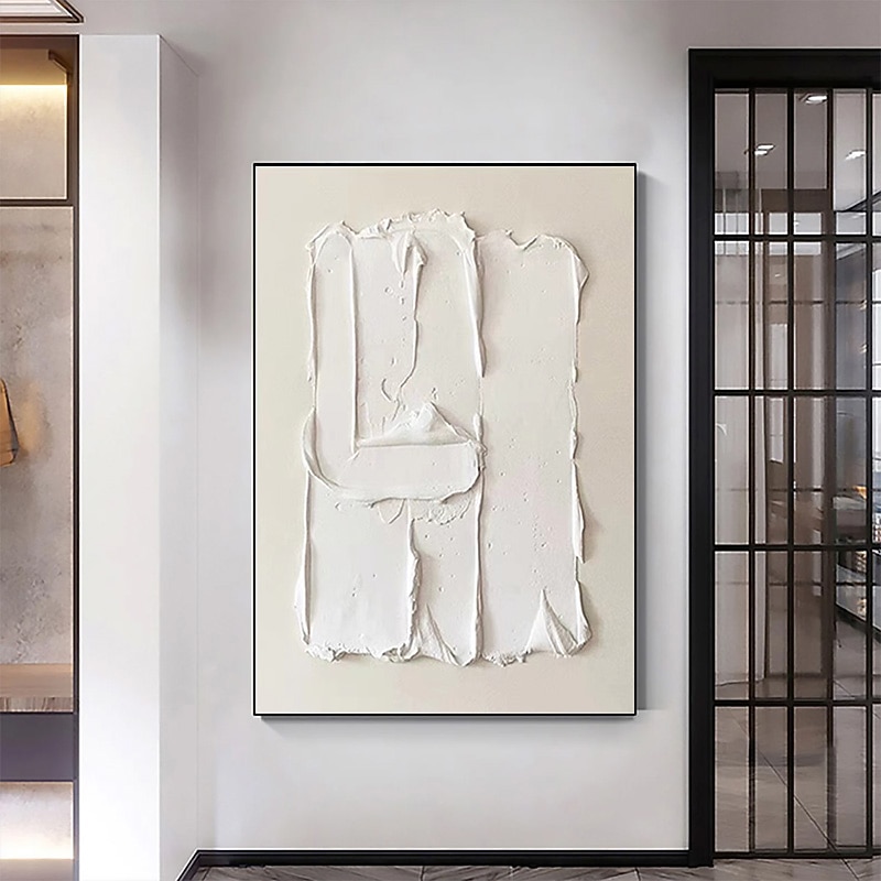Heavy Textured Thick Acrylic 3D Abstract Beige White Oil Painting Canvas Picture Wall Art Hand Painted framed Artwork Stretched Frame Ready to Hang3