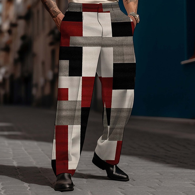 Plaid Geometry Business Casual Men's 3D Print Pants Trousers Outdoor Street Wear to work Polyester Wine Blue Brown S M L High Elasticity Pants