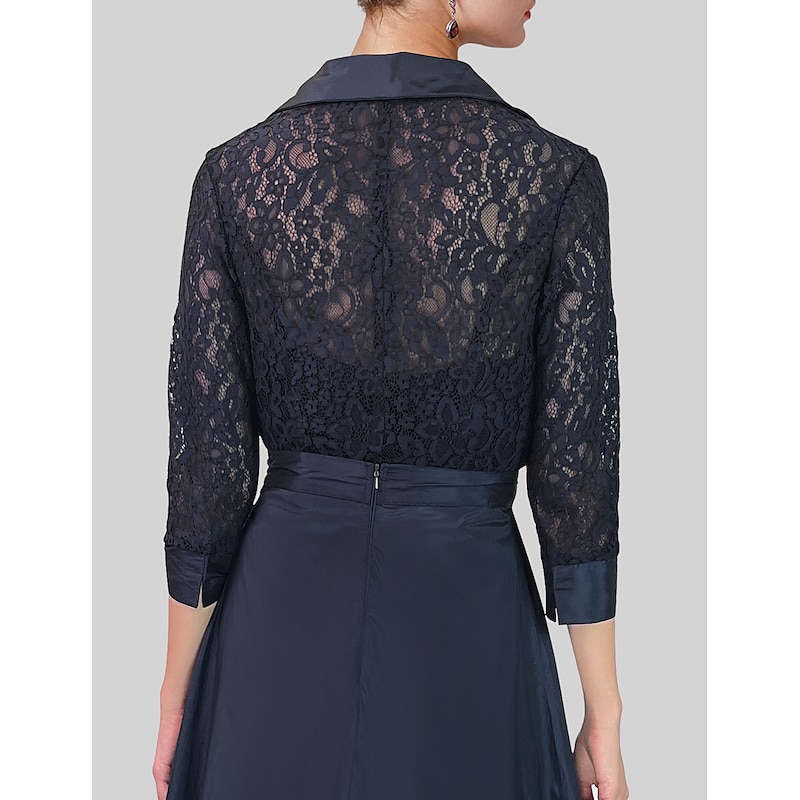 Jumpsuit Mother of the Bride  Formal Wedding Guest Vintage Party Shirt Collar Floor Length Satin Lace 3/4 Length Sleeve with Ruching2