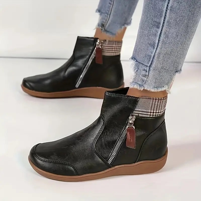 Women's Black Faux Leather Ankle Boots with Plaid Collar and Side Zipper, Comfortable Casual Footwear for Everyday Wear3