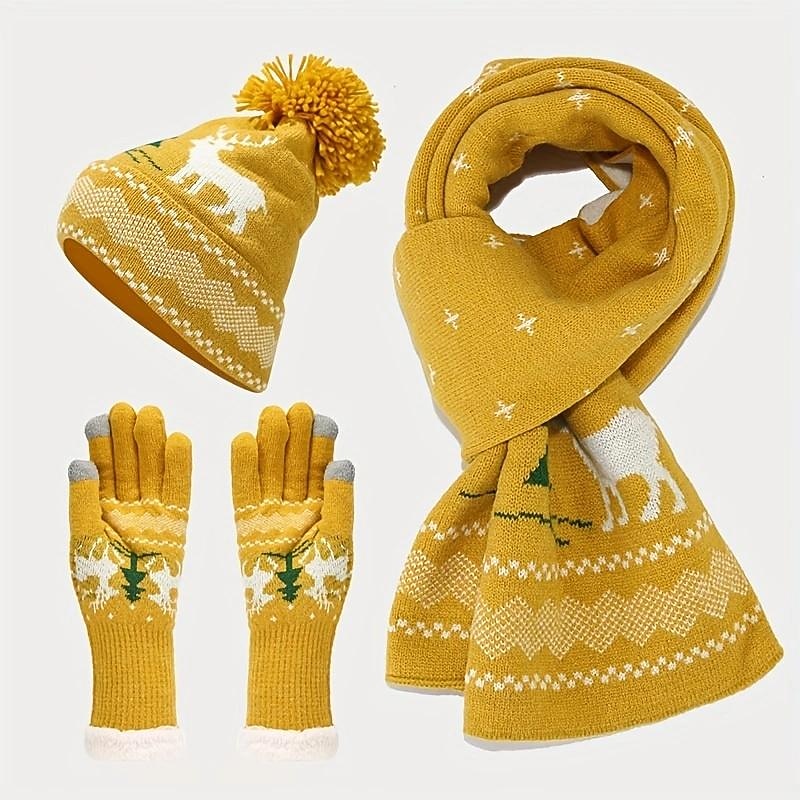 3 PCS Christmas Accessories Set Women's Knitted Hat Scarf Glove Three Piece Set Christmas Gifts Outdoor Thickened and Warm Wool Ball Woolen Hat Set3