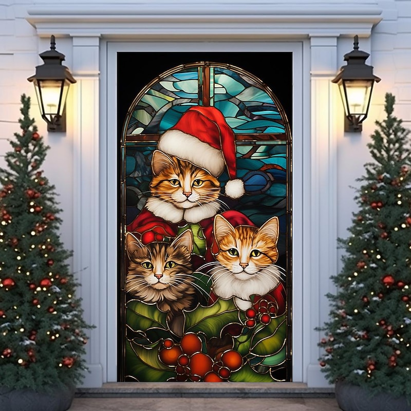 Christmas Door Decorations Stained Glass Cat Door Covers Door Tapestry Door Curtain Decoration Xmas Backdrop Door Banner for Front Door Holiday Party Decor Supplies2