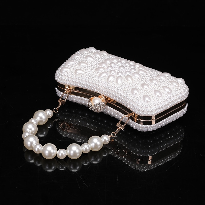 Elegant Pearl Clutch Bag – Luxury White Beaded Evening Purse with Pearl Handle and Crystal Clasp, Perfect for Weddings, Parties, and Formal Events4