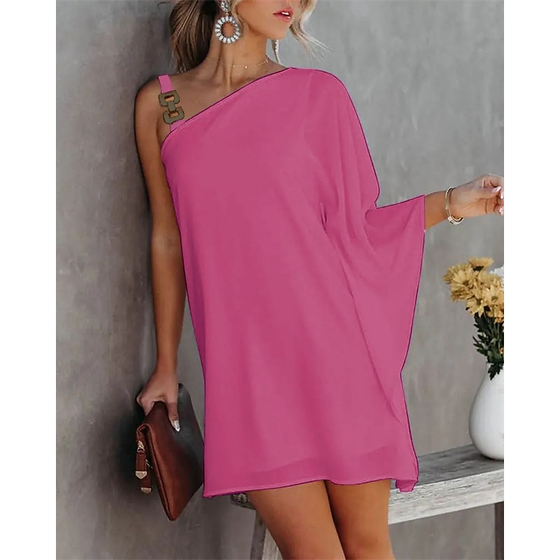 Women's Shift Dress Mini Dress Black White Fuchsia Long Sleeve Pure Color Cold Shoulder Summer Spring Fall One Shoulder Fashion Summer Dress Weekend Loose Fit 2023 S M L XL XXL4