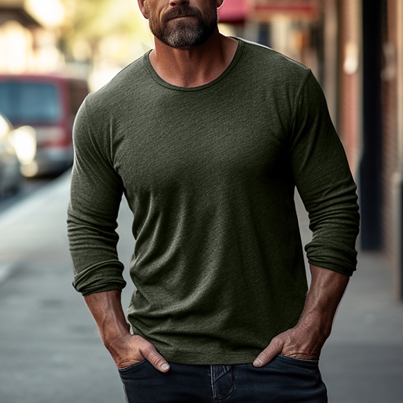 Men's T Shirt Tee Top Long Sleeve Shirt Long Sleeve Crew Neck Spring &  Fall Plain Fashion Designer Basic Vacation Street Going out Dark Blue Army Green Top Tee for Men