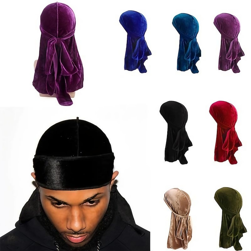 Shiny Velvet Durag For Waves Long Tie Waves Cap Men's Pirate Hat Medieval Unisex Soft Black Bandanas Soft Smooth Breathable Wide Straps Do Rags