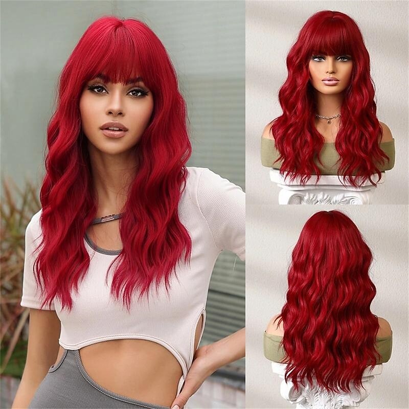 24 Inches Long Red Wig With Bangs For Women, Curly Wavy Wigs Heat Resistant Synthetic Fiber Hair Replacement Wigs For Cosplay Halloween Party Daily Wear Christmas Party Wigs