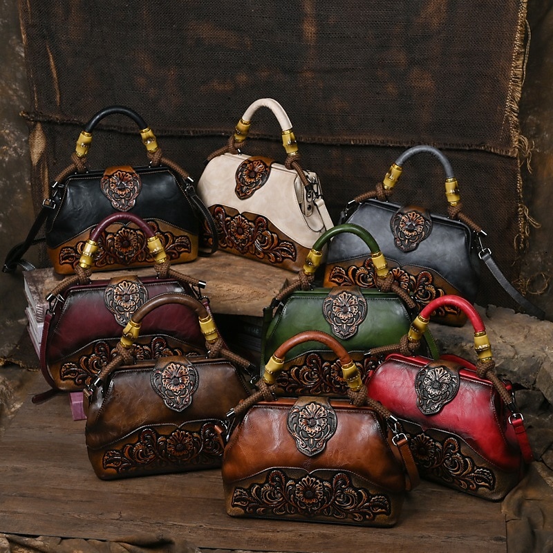 Women's Handbag Crossbody Bag Shoulder Bag Boston Bag PU Leather Party Daily Holiday Embossed Large Capacity Lightweight Durable Color Block Flower Folk dark brown claret ArmyGreen2