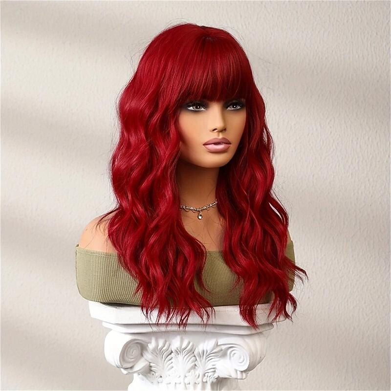 24 Inches Long Red Wig With Bangs For Women, Curly Wavy Wigs Heat Resistant Synthetic Fiber Hair Replacement Wigs For Cosplay Halloween Party Daily Wear Christmas Party Wigs4