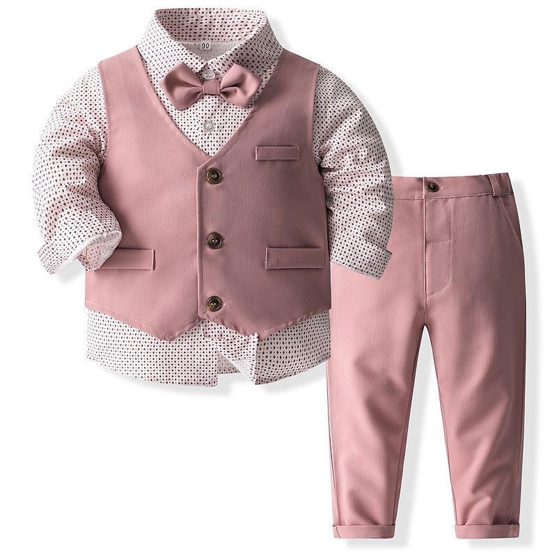 3 Pieces Toddler Boys Suit & Blazer Outfit Stripe Long Sleeve Cotton Set School Fashion Daily Spring Fall 3-7 Years wheat-colored Pink Navy Blue