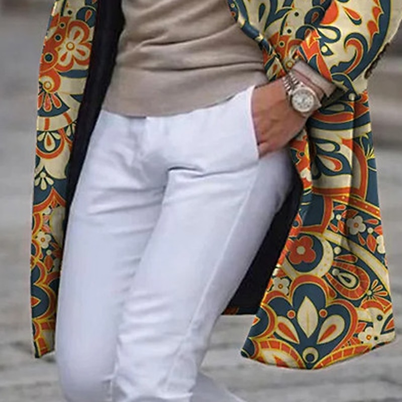 Men's Floral Totem Winter Coat Overcoat Coat Warm Comfortable Breathable Vintage Business Tribal Work Wear to work Going out Pocket Print Fall & Winter Turndown Long Sleeve Apricot3