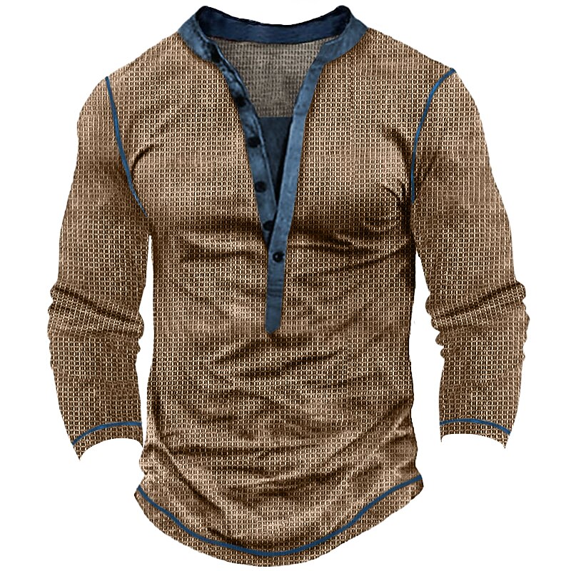 Men's Waffle Tee Button T Shirt T Shirt Waffle Henley Shirt Long Sleeve Henley Spring &  Fall Color Block Vintage Designer Basic Patchwork Vacation Street Going out Brown khaki Light Grey Top Tee for3