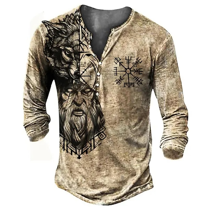 Men's Graphic Viking Henley Shirt Long Sleeve 3D Print Daily Casual Vintage Retro Casual Holiday Going out Spring &  Fall Khaki Henley Henley T-Shirt