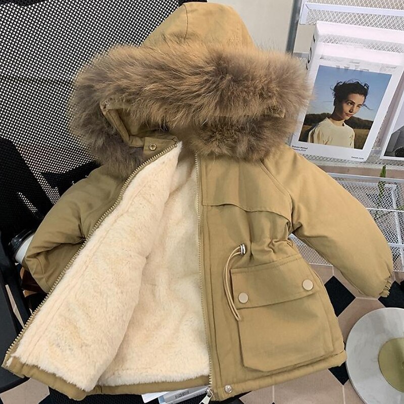 Kids Girls' Winter Coat Solid Color Active Zipper Pocket School Coat Outerwear 2-9 Years Fall piece of red khaki2