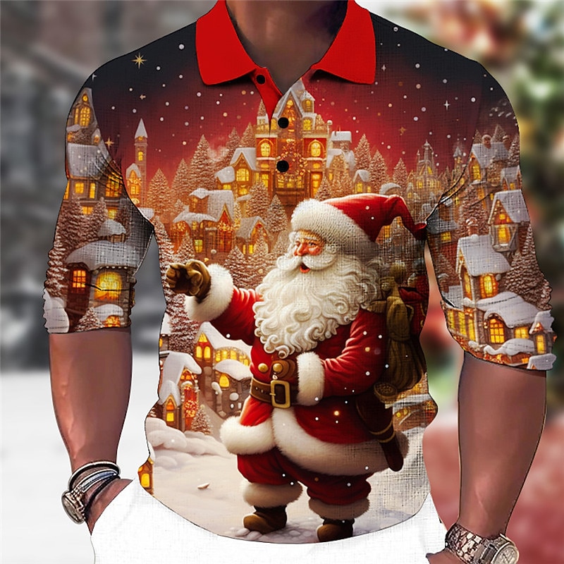 Christmas Men's Santa Claus 3D Polo Santa Claus Casual Print 3D Golf Outdoor Casual Daily Streetwear Polyester Long Sleeve Turndown Shirts Yellow Red Fall & Winter S M L Micro-elastic Lapel Polo3